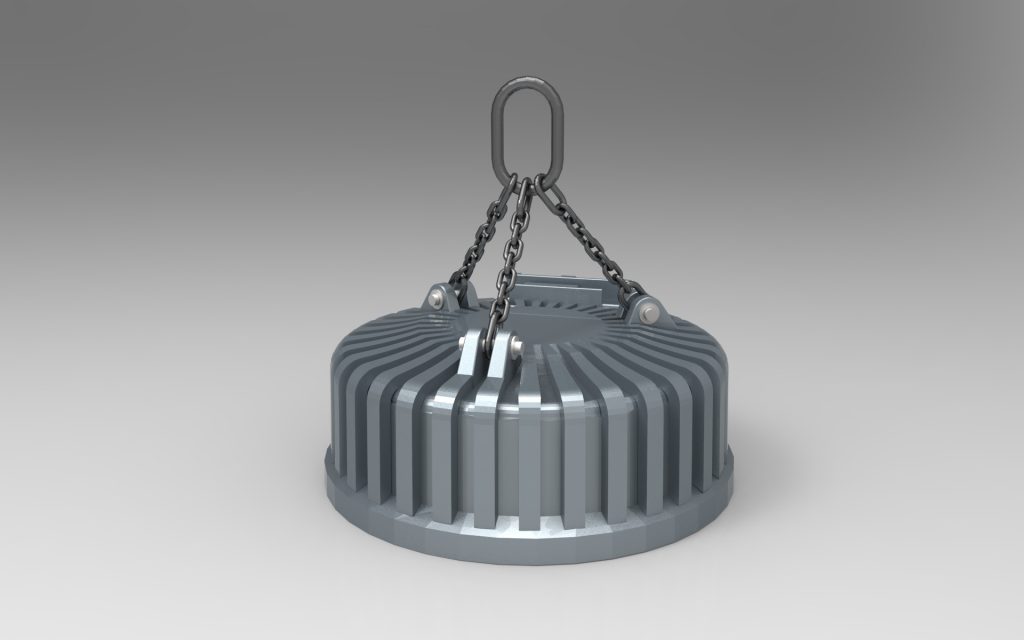 Hochleistungs Lasthebemagnet mit Drei Strang Kette Fallkugelbetrieb Mozelt Doppelspulmagnet Stahlwerk steel mill drop ball